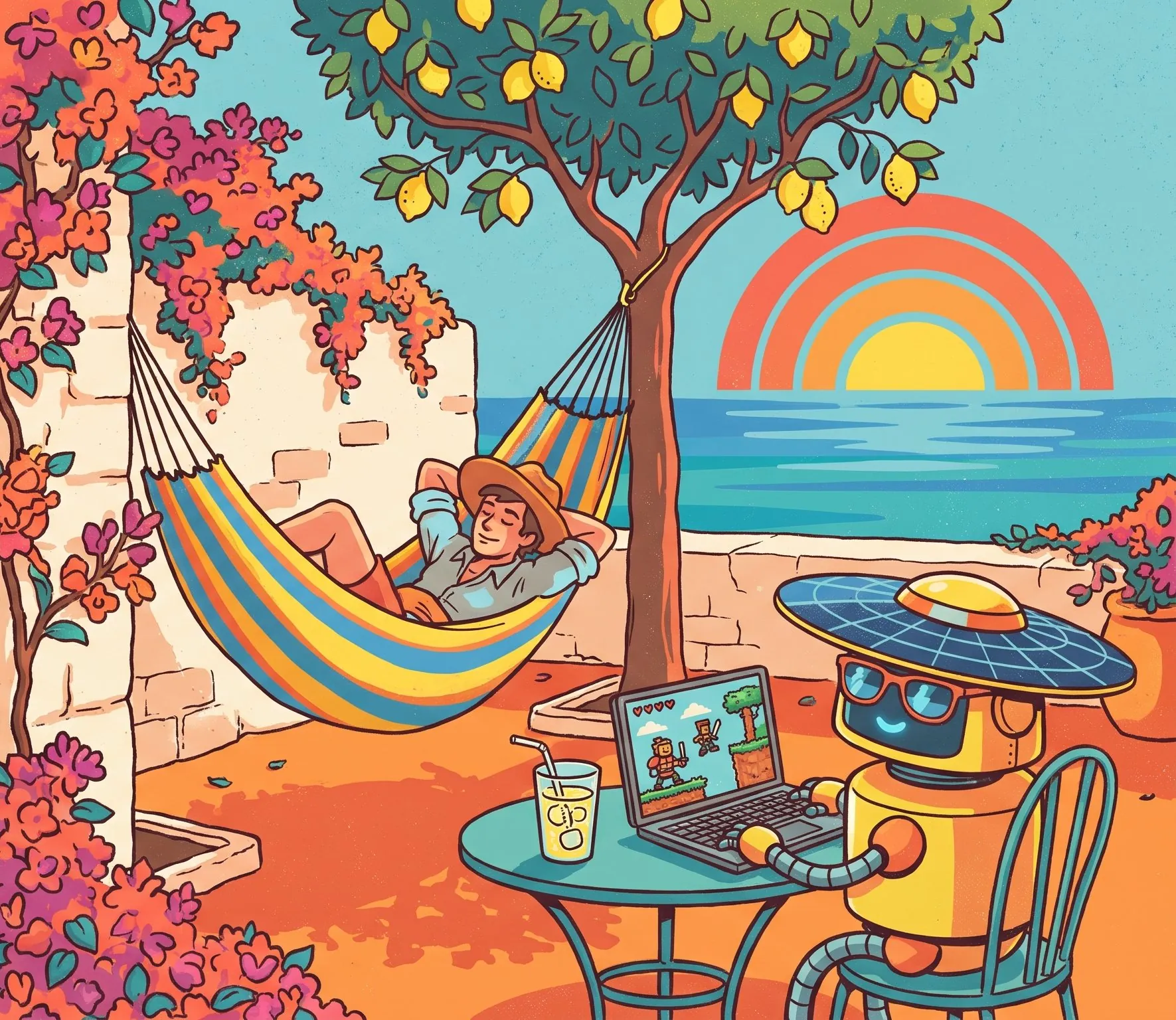 A person naps in a striped hammock on a sunny Mediterranean terrace while a small robot in a solar sun hat works on a laptop nearby