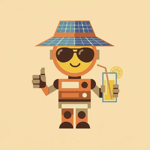 Sol, the little robot in a solar-panel sun hat and sunglasses